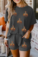 Carbon Grey Western Rodeo Graphic Patched 3D Ribbed Short 2pcs Outfit Graphic Sets JT's Designer Fashion
