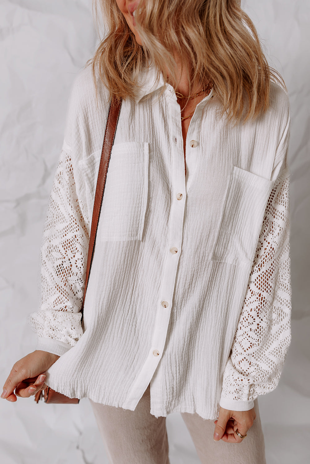 White Cotton Gauze Lace Patchwork Long Sleeve Shirt Blouses & Shirts JT's Designer Fashion