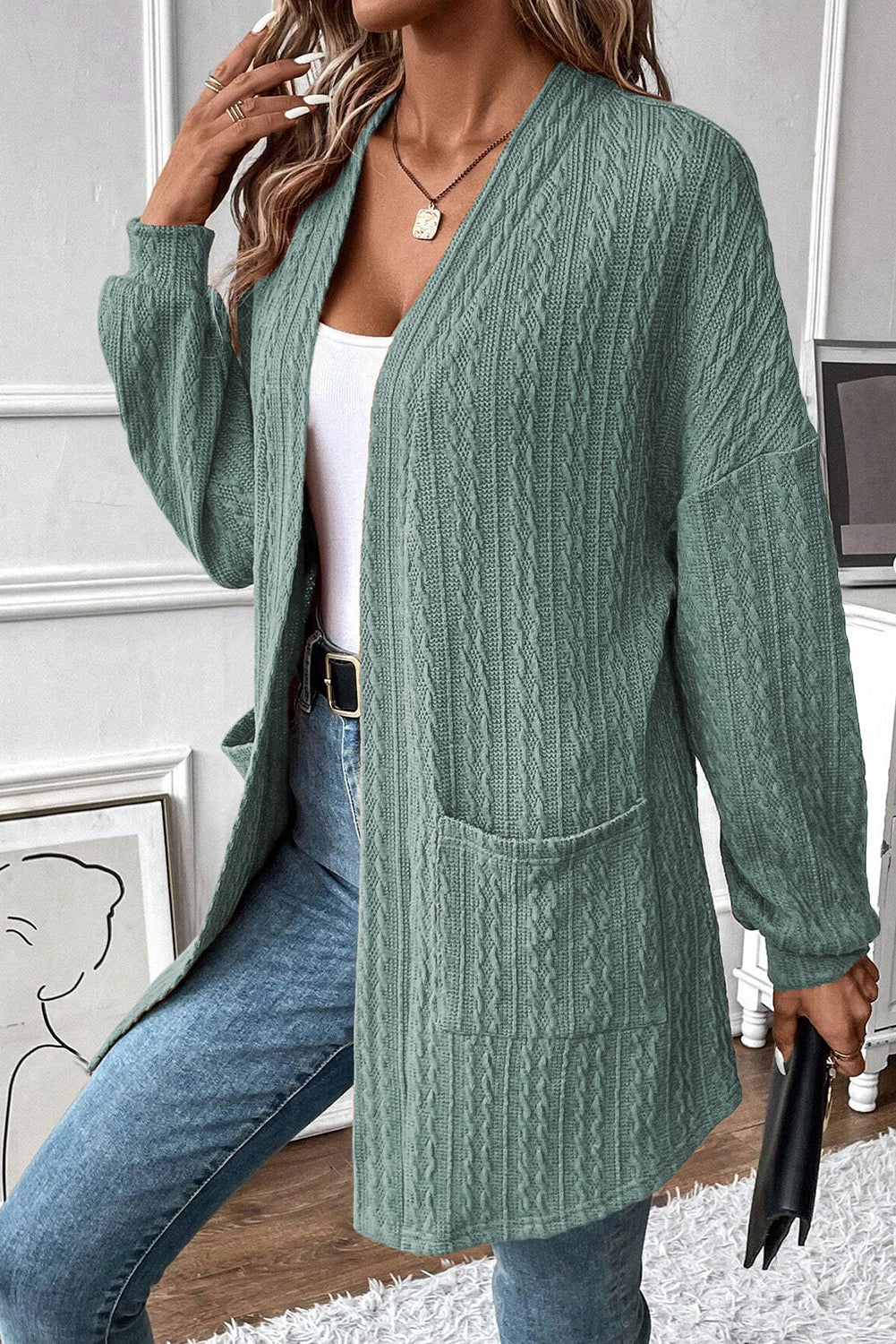 Canton Textured Knit Side Pockets Open Front Cardigan Cardigans JT's Designer Fashion