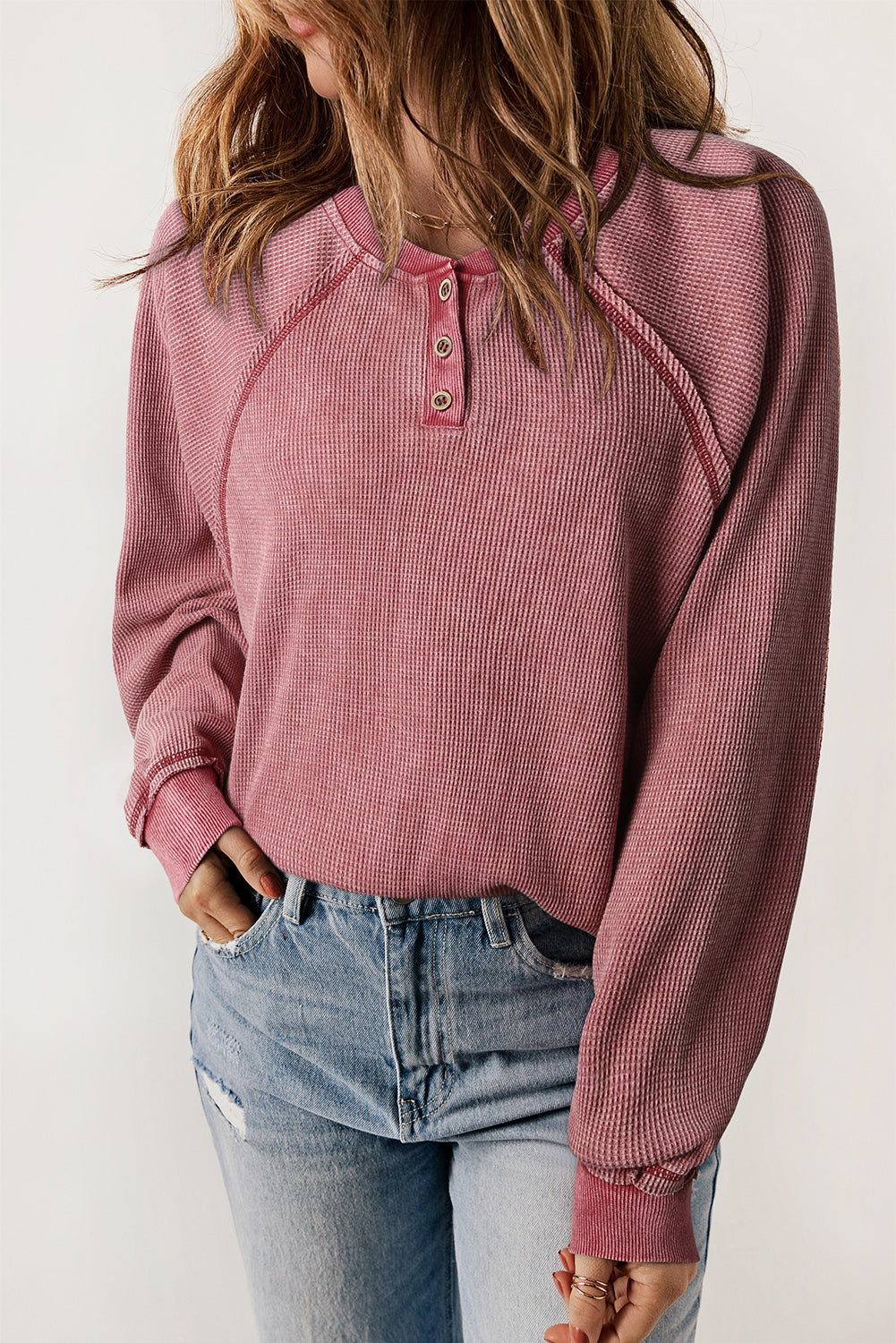 Fiery Red Waffle Knit Raglan Sleeve Henley Sweatshirt Sweatshirts & Hoodies JT's Designer Fashion