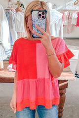 Tomato Red Mix Knitted Patchwork Ruffle Trim Loose Top Sweaters & Cardigans JT's Designer Fashion