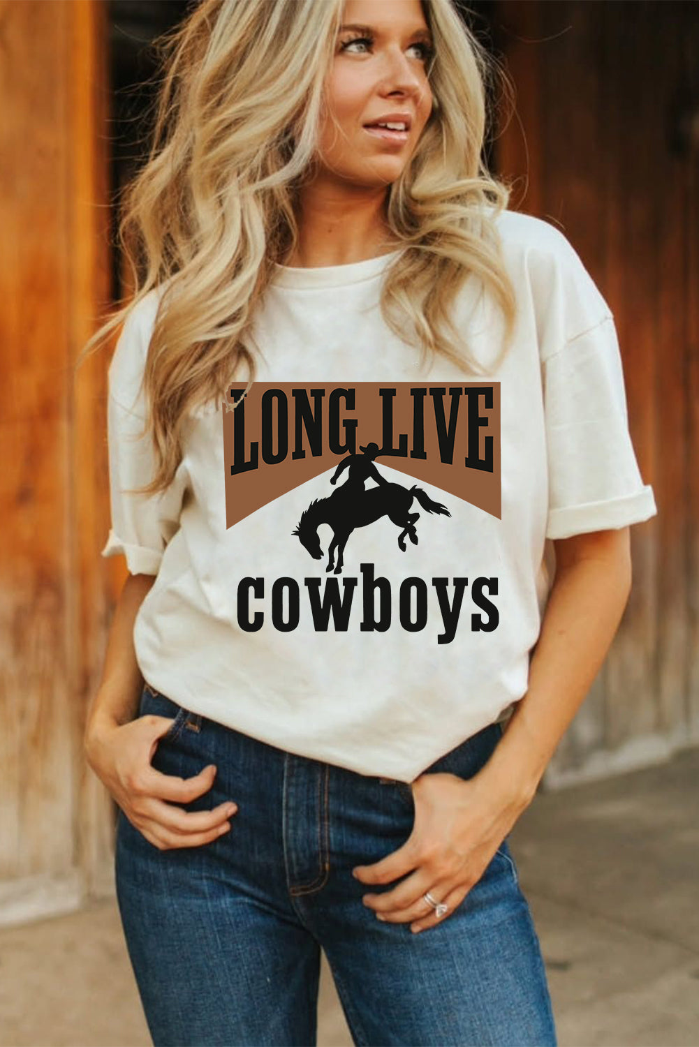 White LONG LIVE Cowboys Western Graphic Loose Tee Graphic Tees JT's Designer Fashion