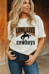 White LONG LIVE Cowboys Western Graphic Loose Tee Graphic Tees JT's Designer Fashion
