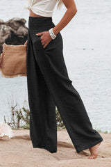 Black Shirred High Waist Plus Size Wide Leg Pants Plus Size Bottoms JT's Designer Fashion