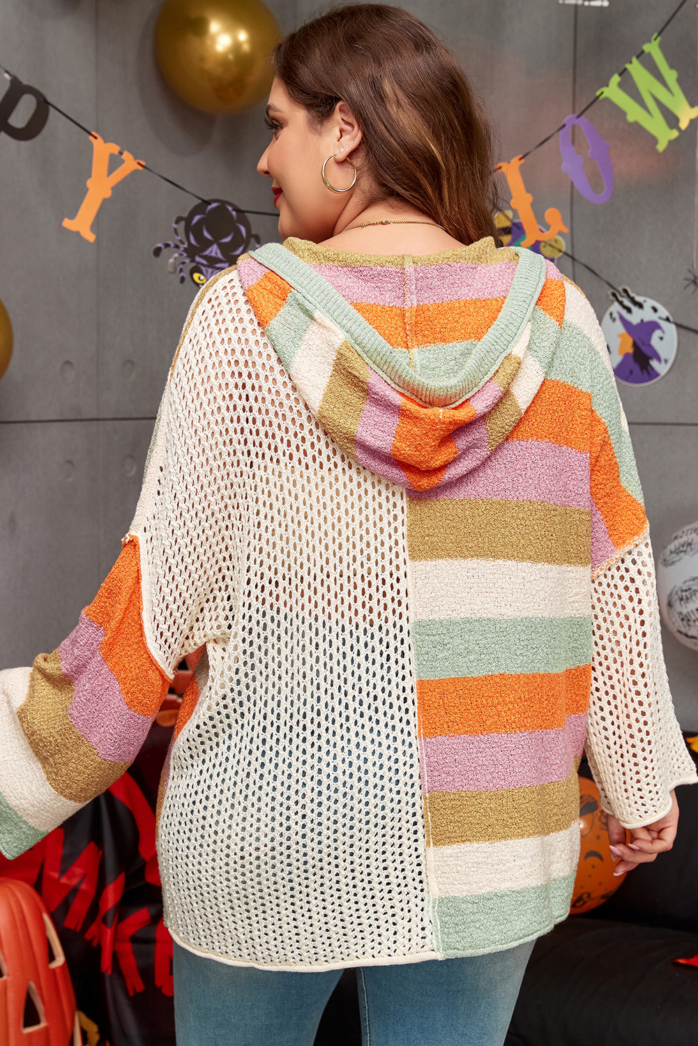 Beige Pointelle Knit Colorblock Patchwork V Neck Hooded Plus Sweater Plus Size Sweaters & Cardigans JT's Designer Fashion