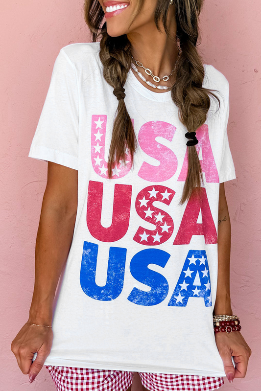 White USA Starry Letter Graphic Cotton Blend T Shirt Graphic Tees JT's Designer Fashion