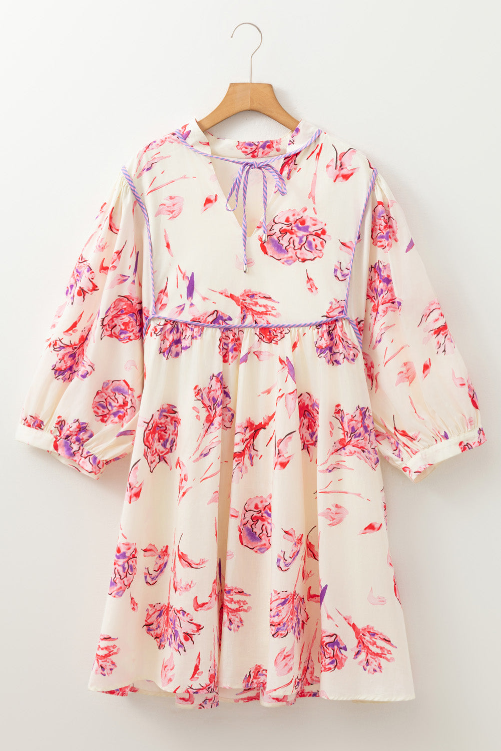 White Floral Print Lace up V Neck Balloon Sleeve Plus Size Shift Mini Dress Plus Size Mini Dresses JT's Designer Fashion