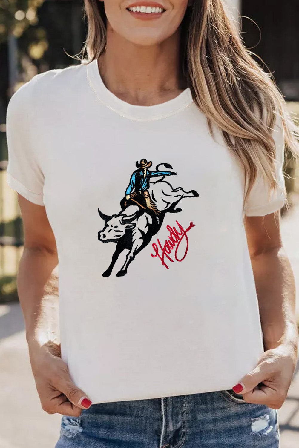 White Cowboy Howdy Embroidered Western Fashion T Shirt Graphic Tees JT's Designer Fashion