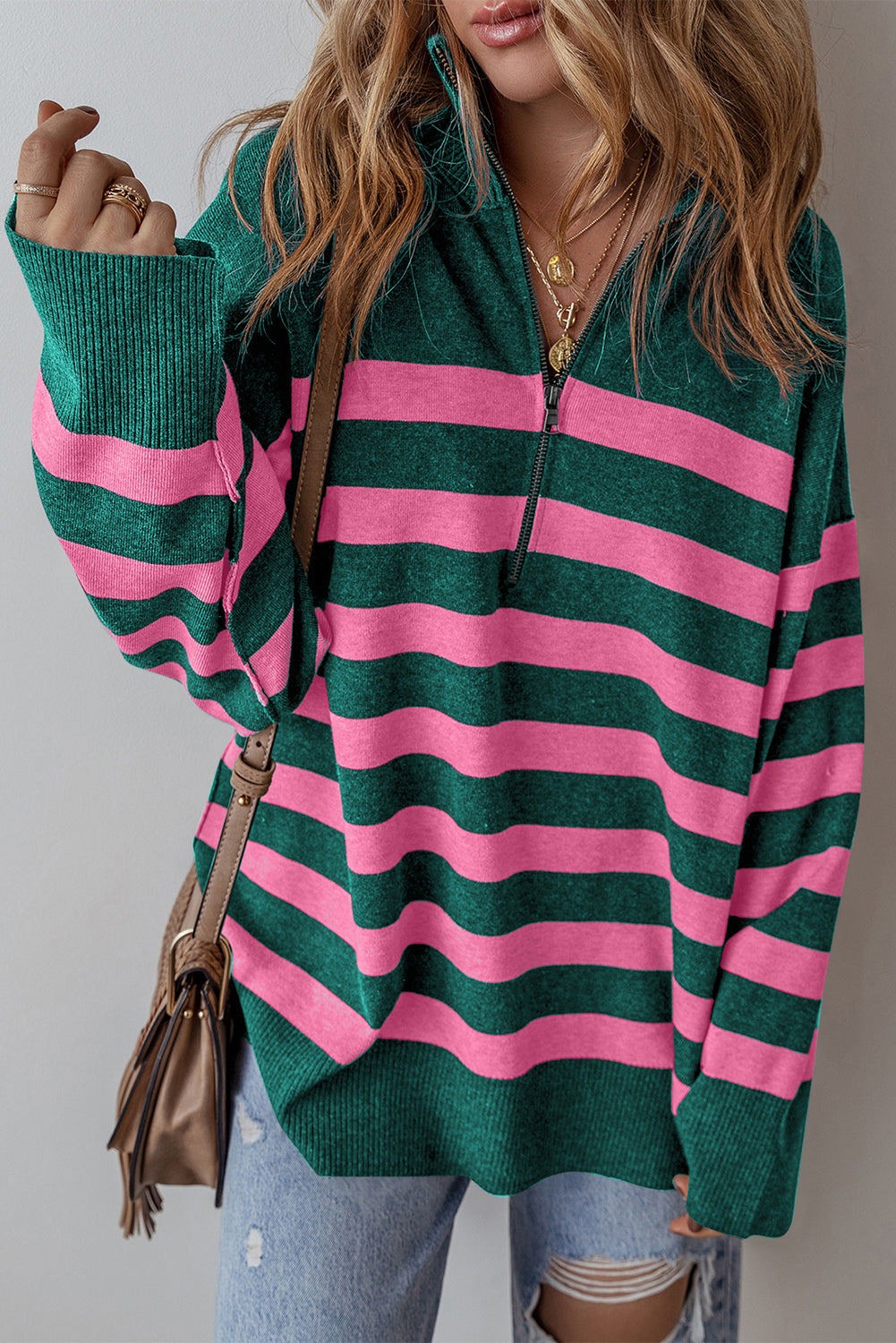 Green Collared Quarter Zipper Oversized Sweater Sweaters JT's Designer Fashion
