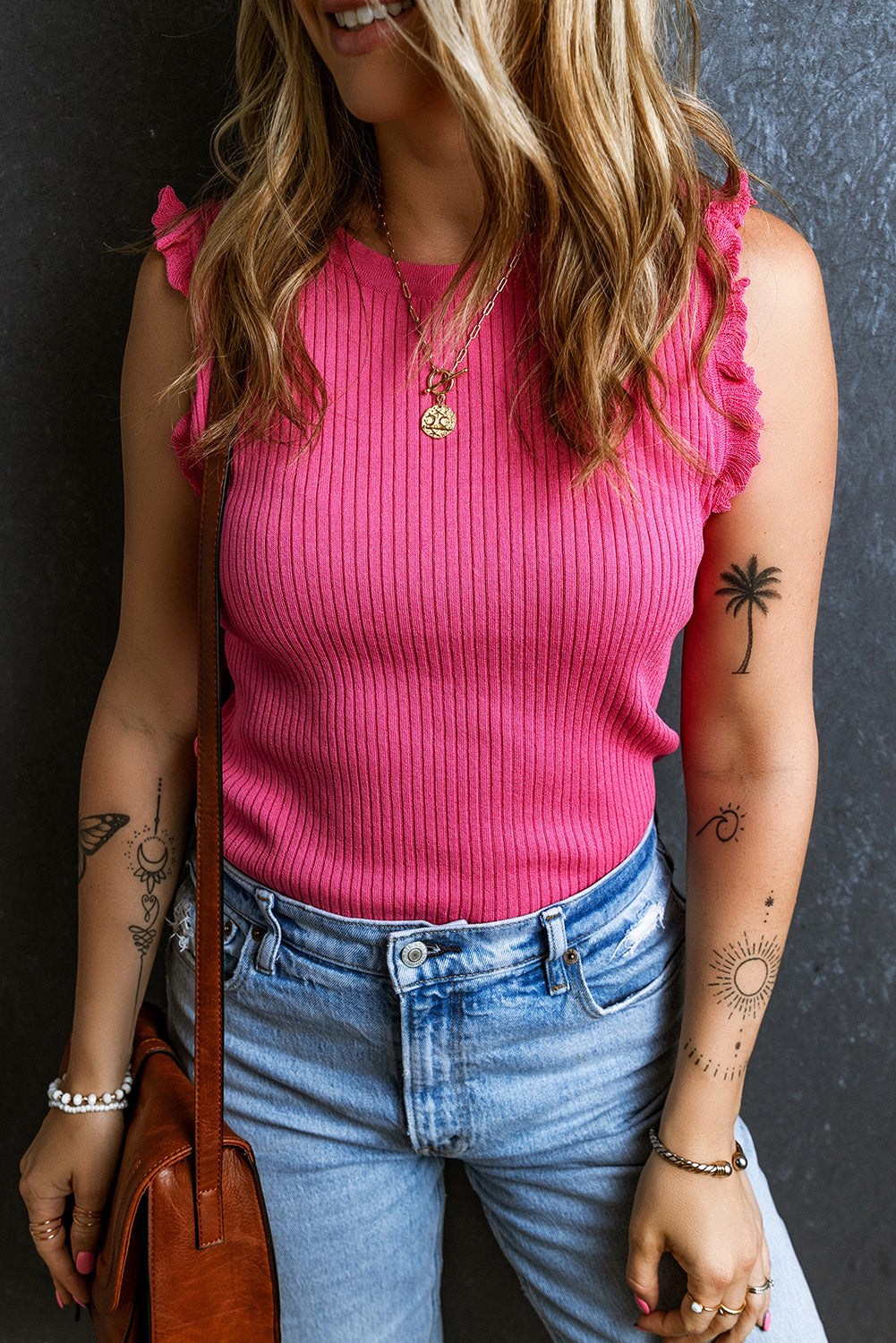 Bright Pink Frilly Trim Ribbed Knit Round Neck Tank Top Sweaters & Cardigans JT's Designer Fashion