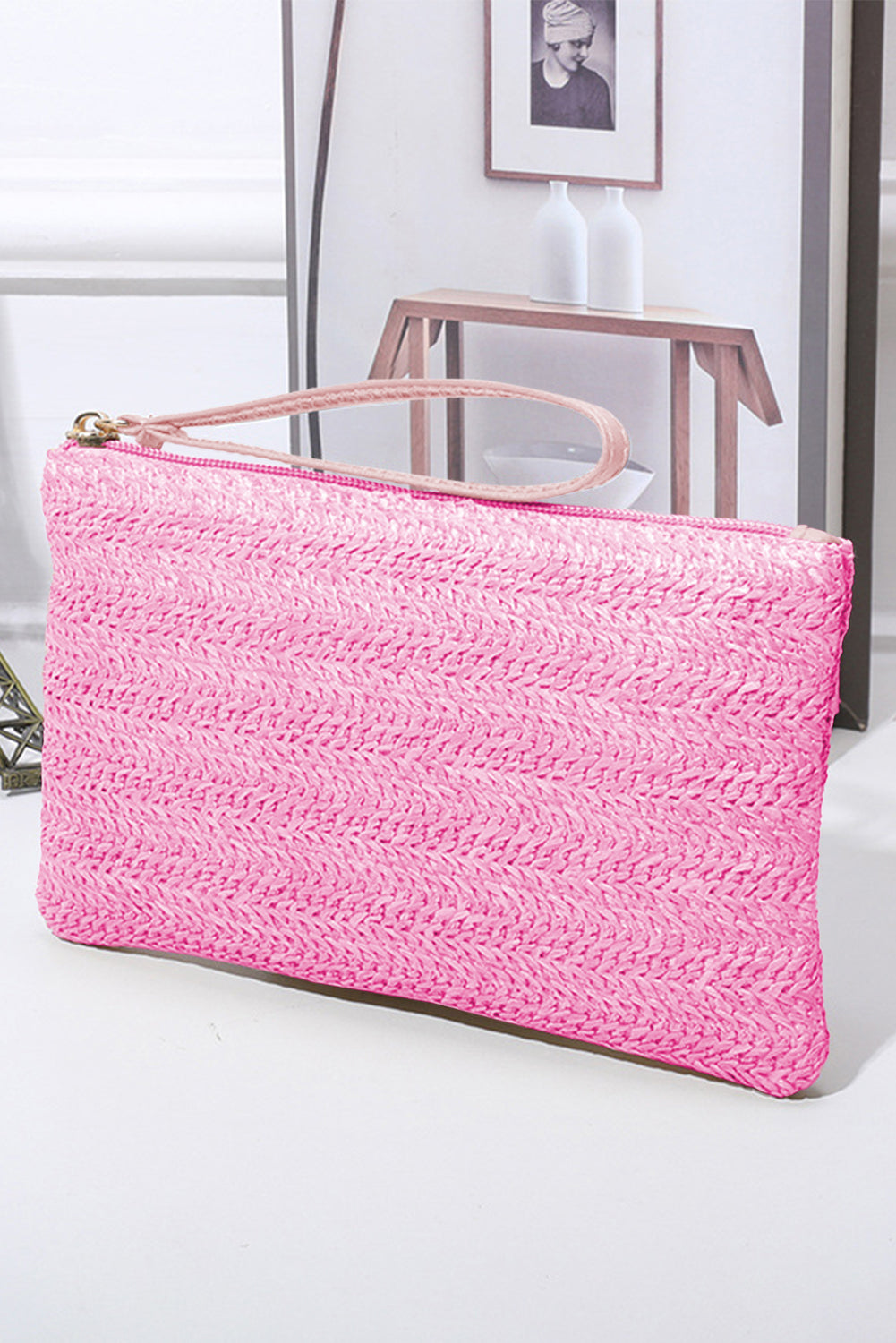 Rose Red Straw Woven Wrist Strap Zipper Large Wallet Handbags JT's Designer Fashion