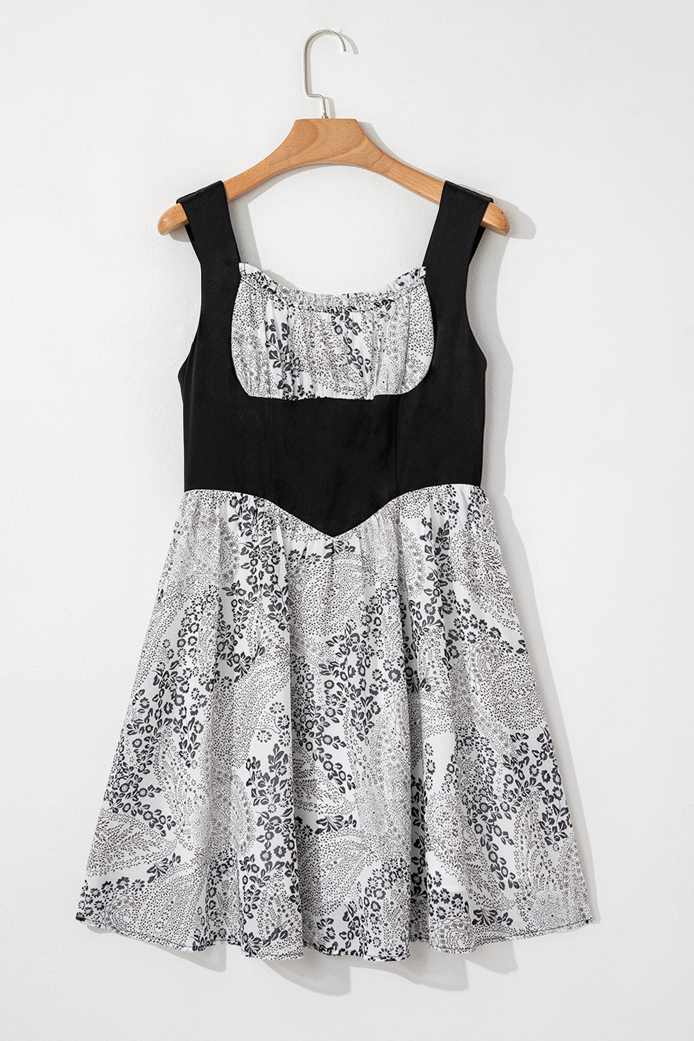 Black Sleeveless Leather Bustier Patchwork Paisley Floral Chiffon Dress Mini Dresses JT's Designer Fashion