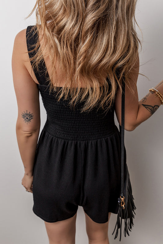 Black Smocked Bust Textured Knit Sleeveless Romper Bottoms JT's Designer Fashion