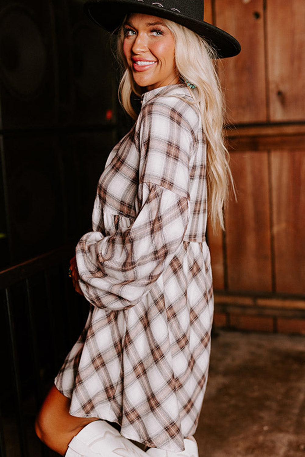 White Plaid Bubble Sleeve Flowy Shirt Dress Mini Dresses JT's Designer Fashion