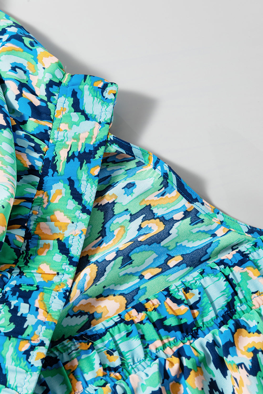 Green Abstract Print Puff Sleeve V Neck High Waist Romper Jumpsuits & Rompers JT's Designer Fashion