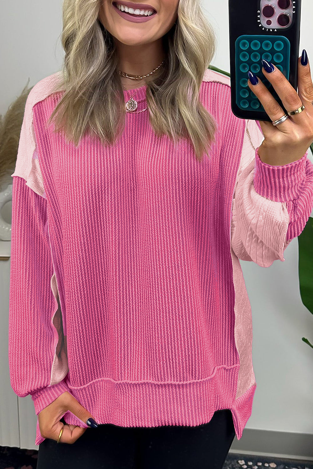 Bonbon Cable Knit Colorblock Exposed Seam Sweatshirt Sweatshirts & Hoodies JT's Designer Fashion