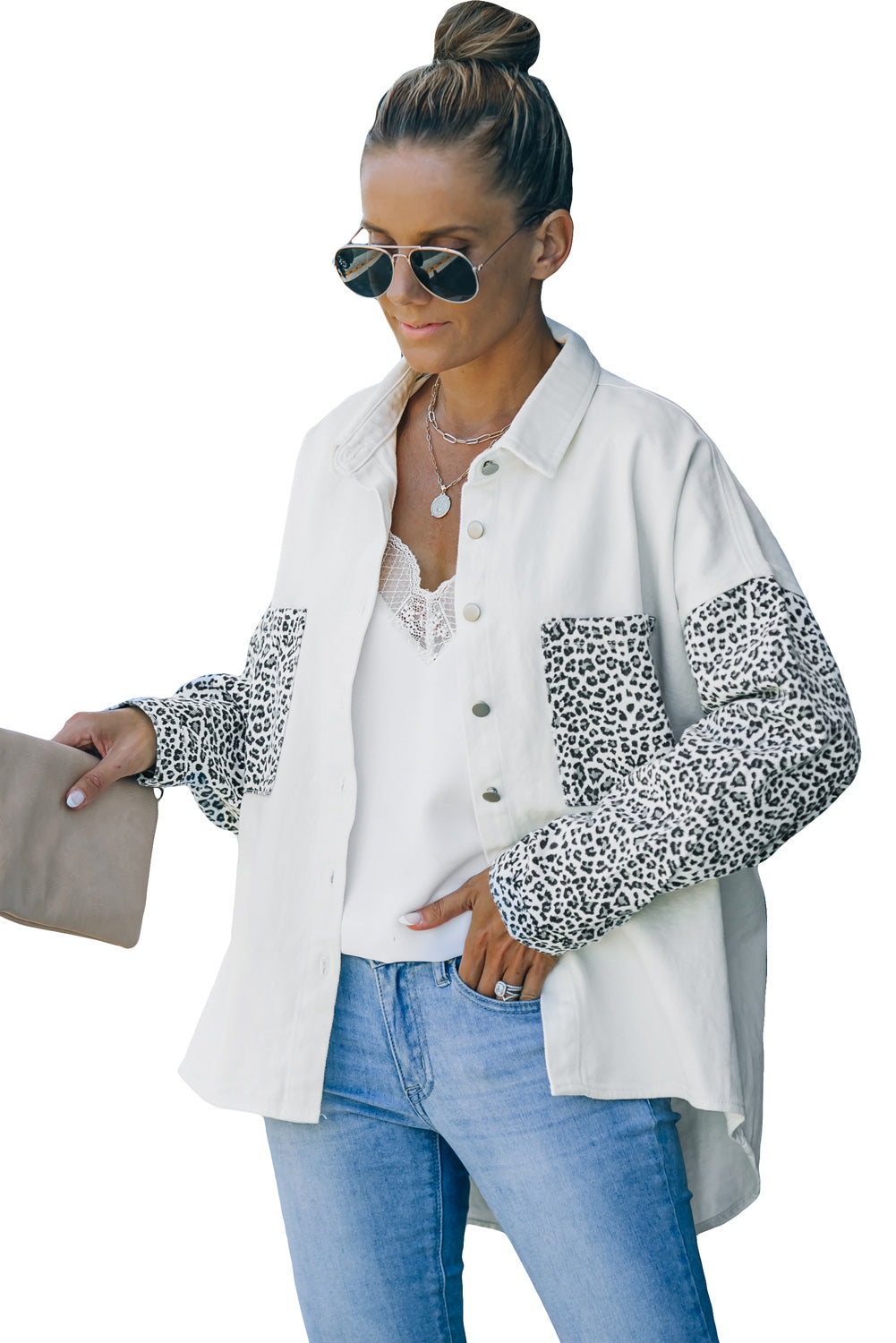 White Contrast Leopard Denim Jacket Denim Jackets JT's Designer Fashion
