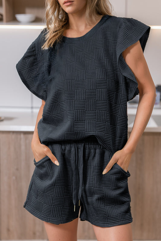 Black Textured Ruffled Sleeve Tee and Drawstring Shorts Set Bottoms JT's Designer Fashion
