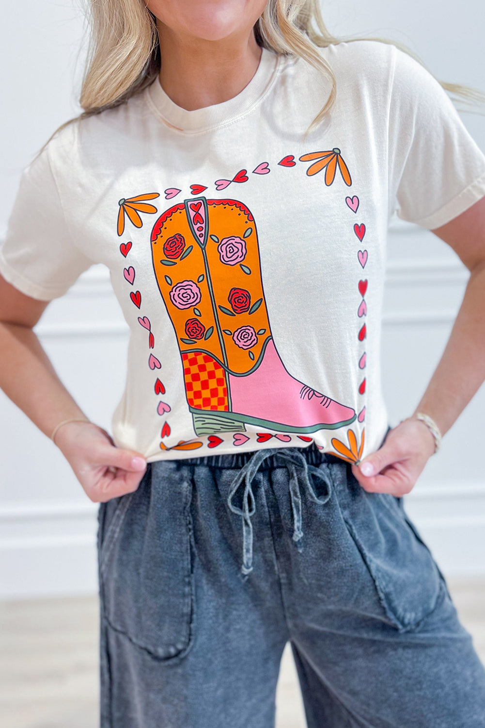 White Floral Cowgirl Boots Printed Casual T Shirt Graphic Tees JT's Designer Fashion