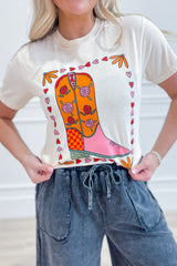 White Floral Cowgirl Boots Printed Casual T Shirt Graphic Tees JT's Designer Fashion