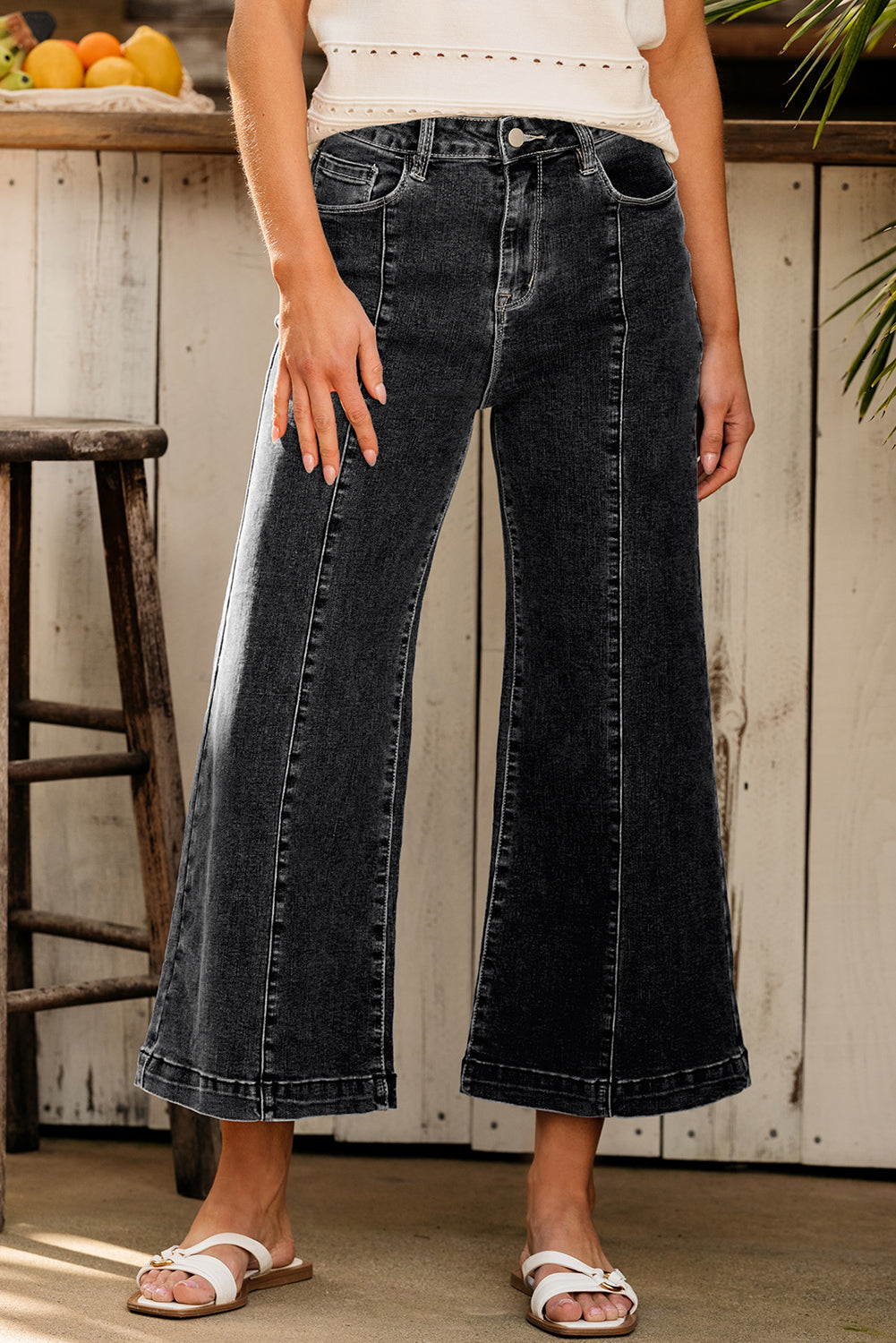 Black Plain Seam Detail Flared Bottom Ankle Length Jeans Jeans JT's Designer Fashion