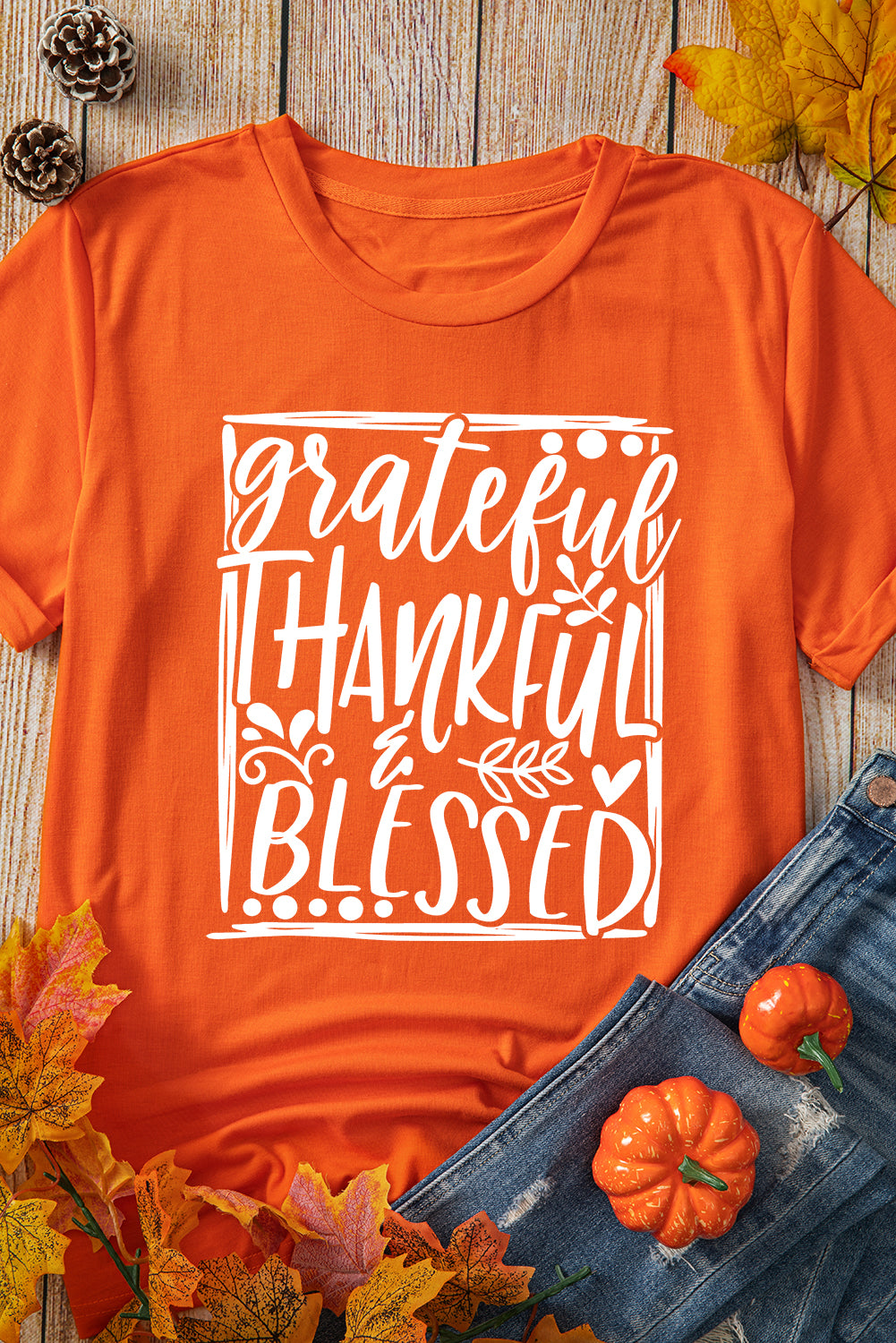 Orange Grateful Thankful Blessed Printed Thanksgiving T Shirt Graphic Tees JT's Designer Fashion