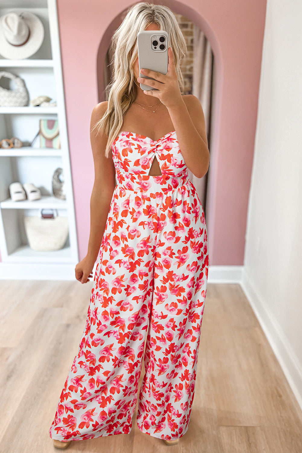 Pink Floral Print Twisted Bandeau Keyhole Pleated Wide Leg Jumpsuit Jumpsuits & Rompers JT's Designer Fashion