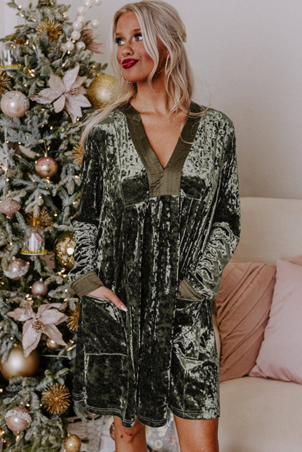 Jungle Green Velvet Long Sleeve V Neck Loose Dress with Pockets Mini Dresses JT's Designer Fashion