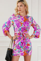 Purple Floral Keyhole Back Long Sleeve Belted Dress Floral Dresses JT's Designer Fashion