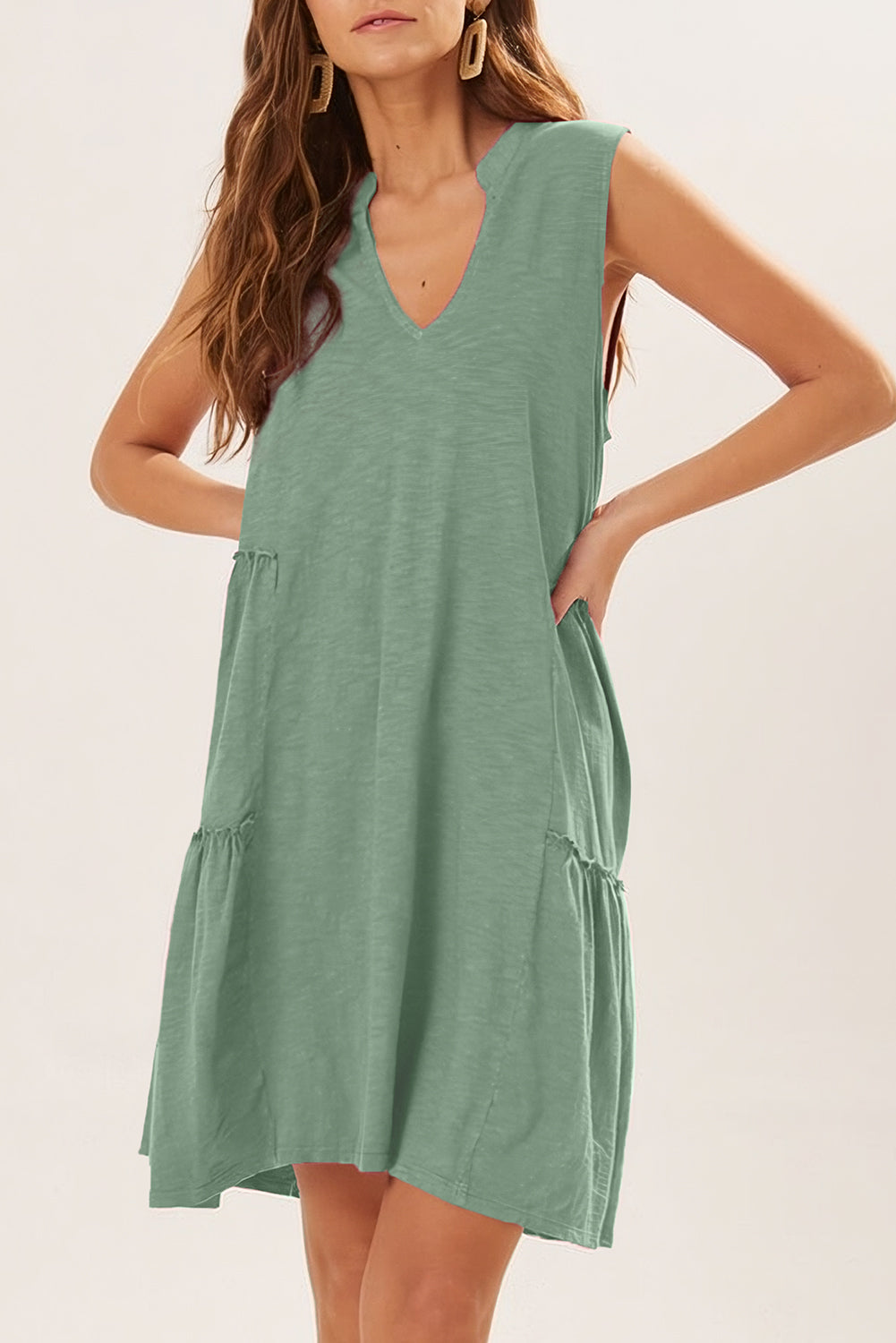Moonlight Jade Split V Neck Tiered Flowy Sleeveless Dress Dresses JT's Designer Fashion