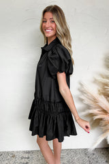 Black Shirt Style Button Down Puff Sleeve Ruffle Hem Dress Mini Dresses JT's Designer Fashion