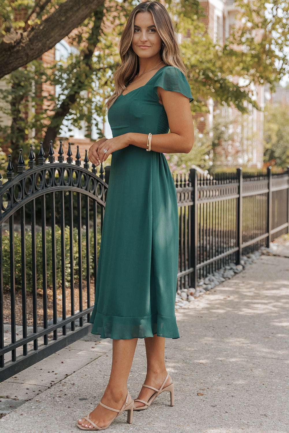 Sea Green Shirred Open Back Sweetheart Neck Ruffled Midi Dress Midi Dresses JT's Designer Fashion