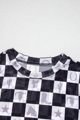 Black Checkerboard Western Elements Printed Mesh Long Sleeve Top Long Sleeve Tops JT's Designer Fashion