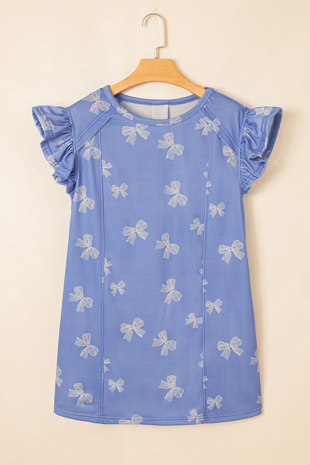 Sky Blue Bow Knot Print Crewneck Ruffled Sleeve Shift Mini Dress Dresses JT's Designer Fashion