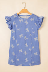 Sky Blue Bow Knot Print Crewneck Ruffled Sleeve Shift Mini Dress Dresses JT's Designer Fashion