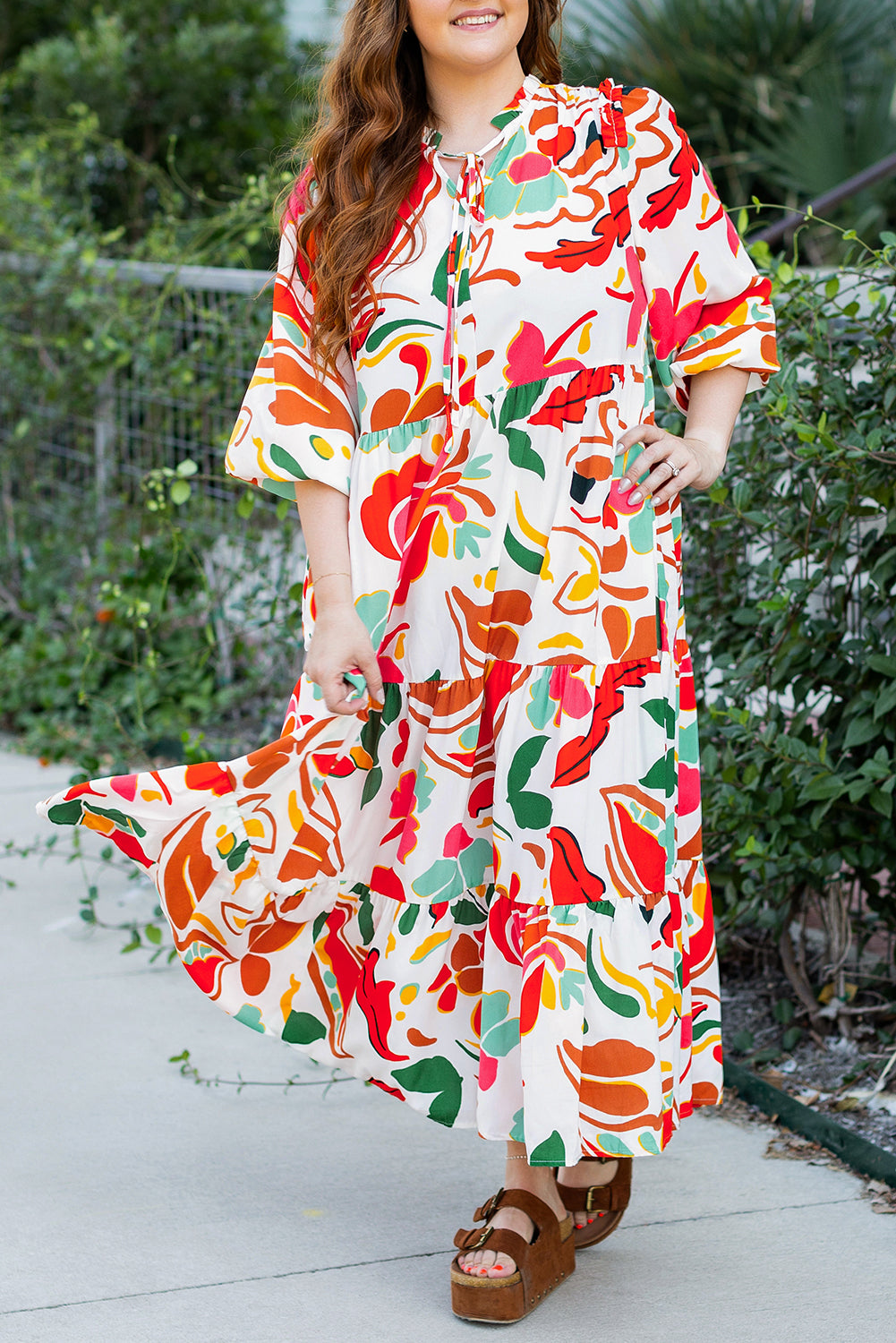 Orange Floral Print Drawstring V Neck Tiered Plus Size Dress Plus Size Maxi Dresses JT's Designer Fashion