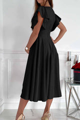 Black Ruffled Sleeve Wrap V Neck Midi Dress Midi Dresses JT's Designer Fashion