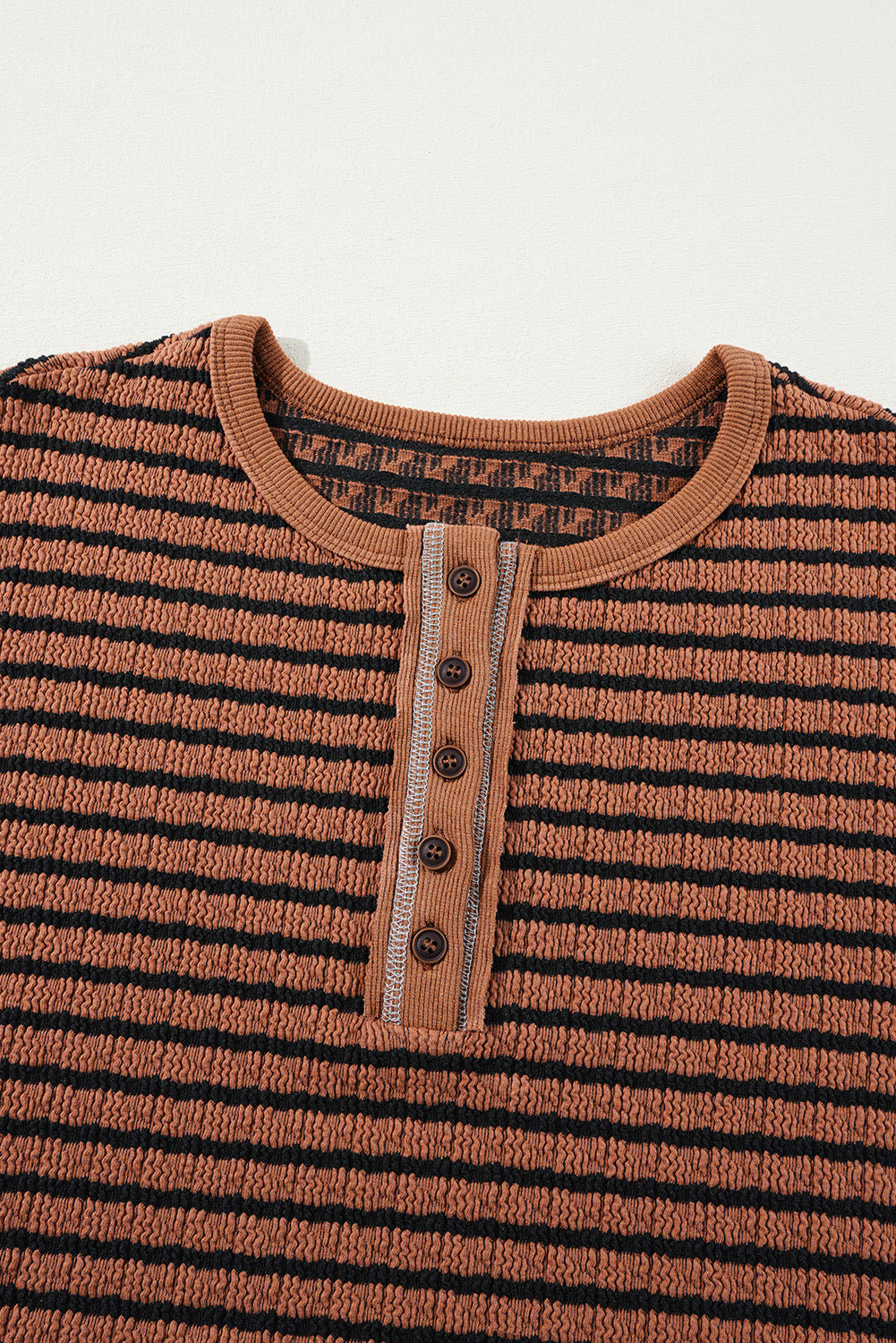 Brown Stripe Textured Frilly Trim Buttons Henley Long Sleeve Top Long Sleeve Tops JT's Designer Fashion