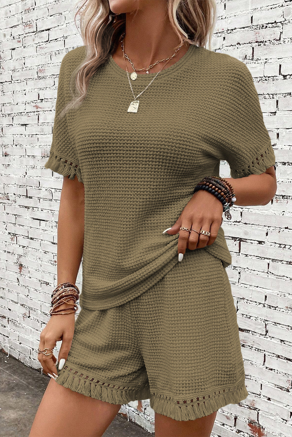 Laurel Green Fringe Trim Textured Short Two Piece Set Short Sets JT's Designer Fashion