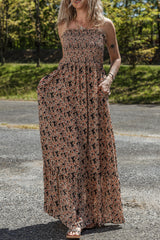 Brown Floral Smocked Bodice High Waist Flowy Sun Dress Floral Dresses JT's Designer Fashion