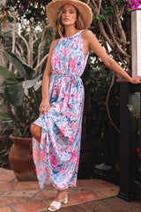 Sky Blue Floral Printed Sleeveless O Neck Knot Waist Maxi Dress Floral Dresses JT's Designer Fashion