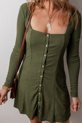 Guacamole Green Rib Knit Square Neck Buttoned Long Sleeve Mini Dress Mini Dresses JT's Designer Fashion