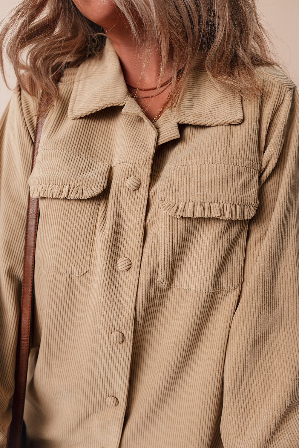 Light French Beige Solid Frilled Flap Pocket Button Up Corduroy Shacket Jackets JT's Designer Fashion