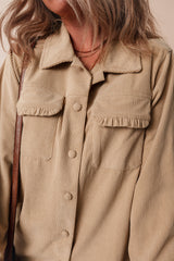 Light French Beige Solid Frilled Flap Pocket Button Up Corduroy Shacket Jackets JT's Designer Fashion