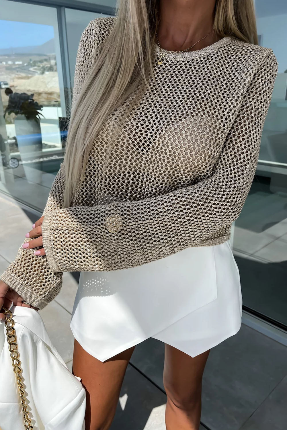 Khaki Hollow-out Knit Long Sleeve Top Long Sleeve Tops JT's Designer Fashion