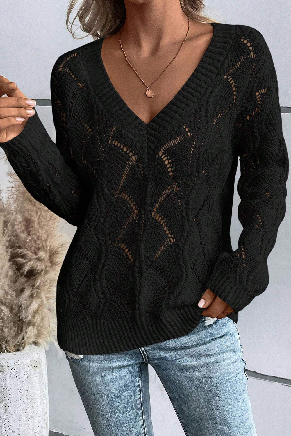 Black Hollow Out Knit V Neck Drop Shoulder Sweater Sweaters JT's Designer Fashion