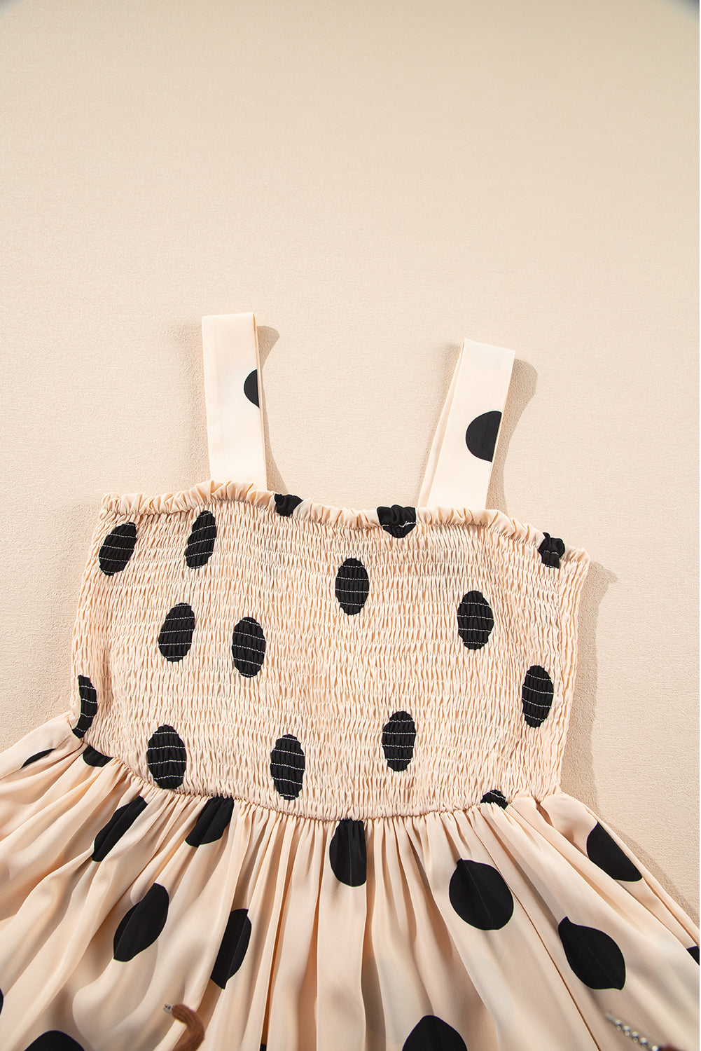 Oatmeal Polka Dot Smocked Fit Flared Sleeveless Long Dress Maxi Dresses JT's Designer Fashion