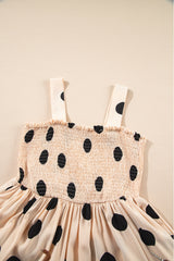 Oatmeal Polka Dot Smocked Fit Flared Sleeveless Long Dress Maxi Dresses JT's Designer Fashion