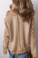 Light French Beige Solid Waffle Knit Patchwork Raglan Sleeve Sweatshirt Sweatshirts & Hoodies JT's Designer Fashion