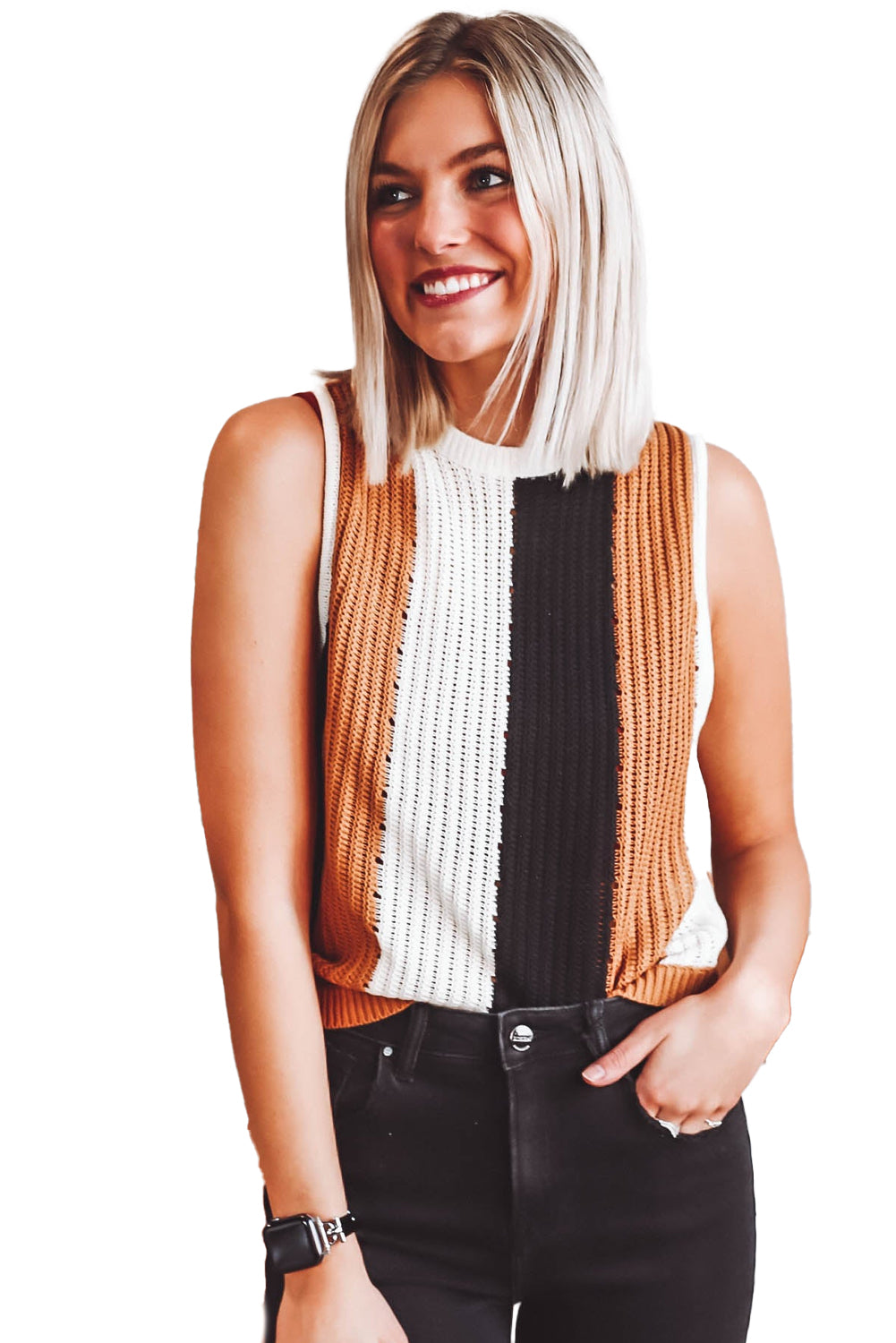 Khaki Stripe Color Block Sleeveless Knitted Sweater Sweaters & Cardigans JT's Designer Fashion